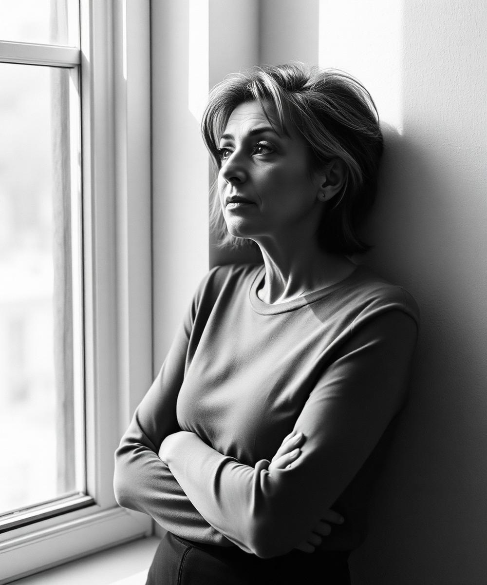 A woman looking out of a window in soft daylight